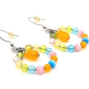 Colorful Glass Beaded‎ Sterling Silver Dangle Earrings Bright Statement Jewelry